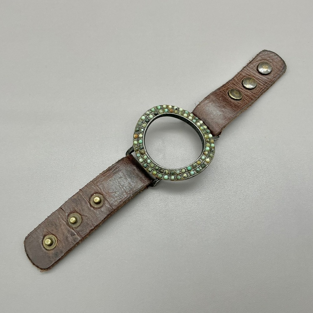Rebel Designs Bracelet Open Circle African Turquoise Brown Leather Snap Cuff